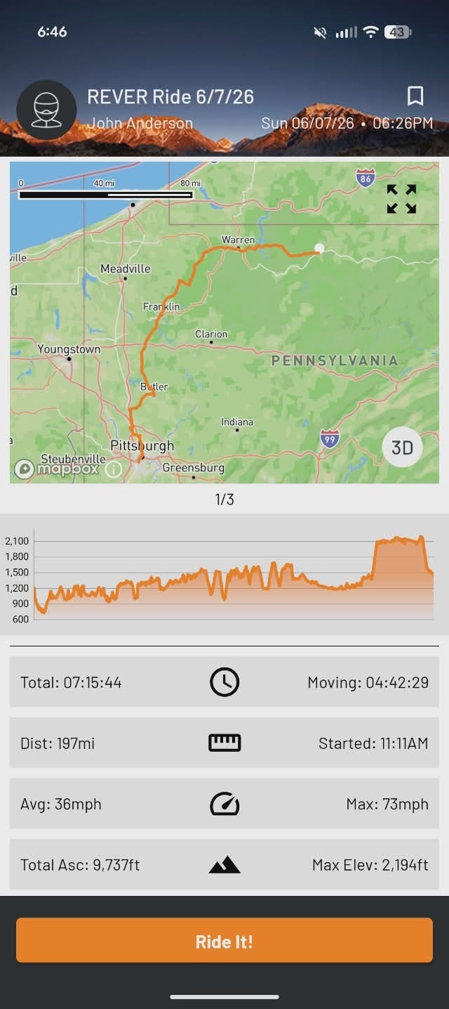 REVER Ride 6/7/26 — Pittsburgh to Warren, PA