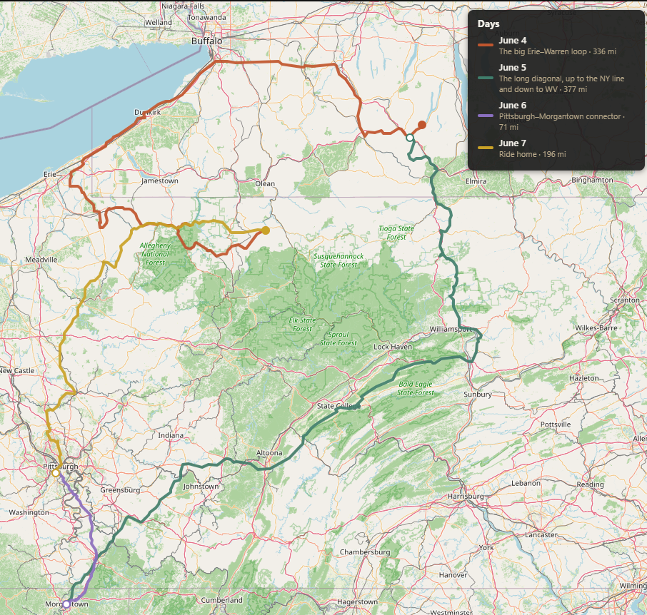 Four-day motorcycle route map across NY, PA, WV and back